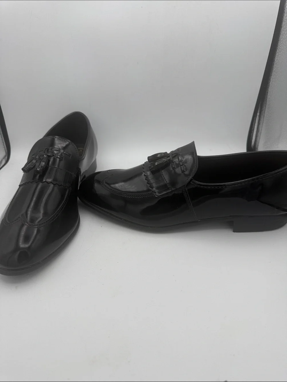 Mens Barclay black patent faux leather high polish formal slip on shoes sz 12 W